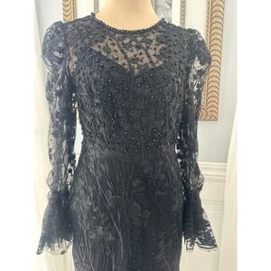 Mac Duggal 20431 Black Beaded Illusion High Neck Midi NWOT Size 8
